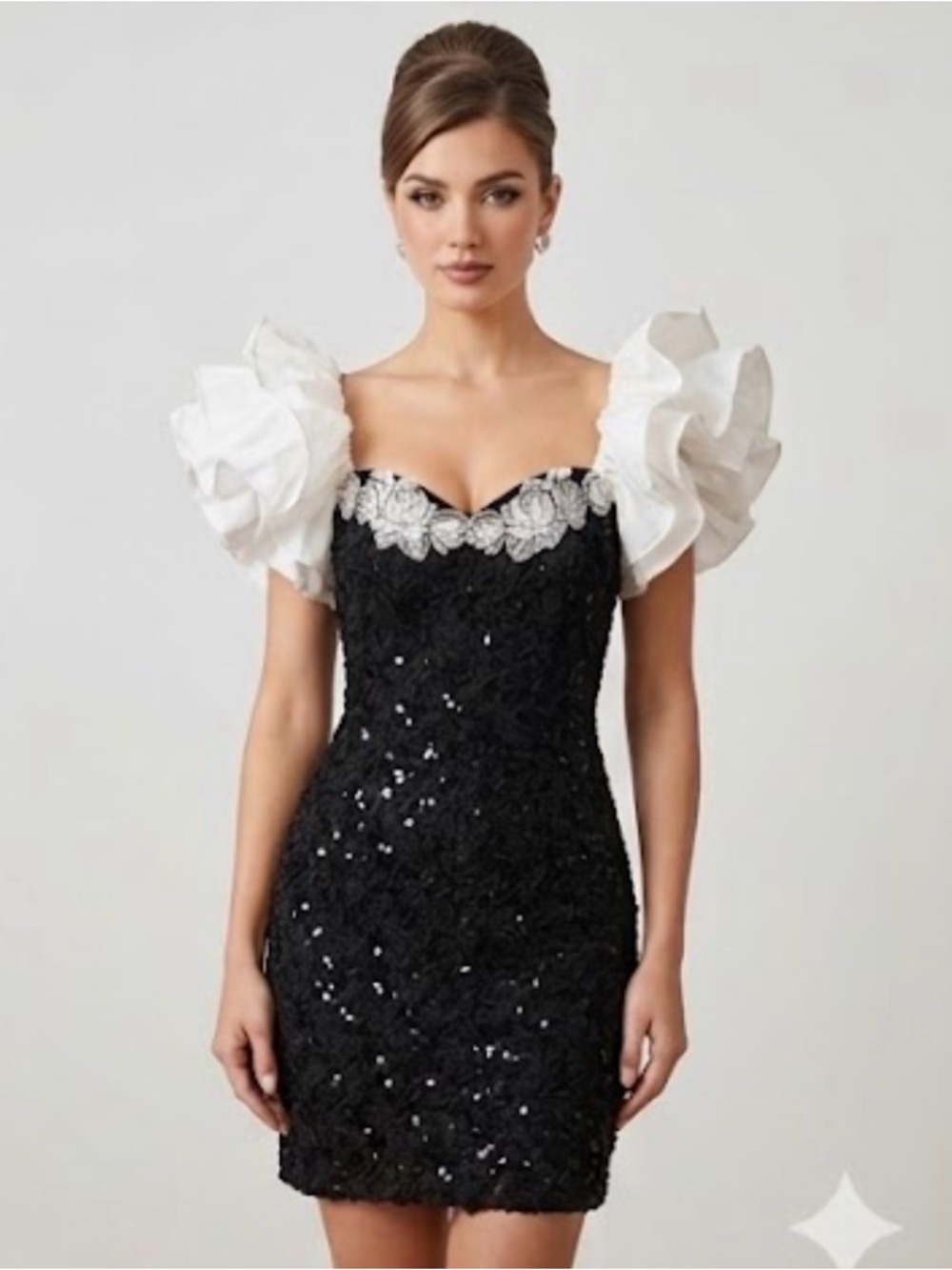Vintage 80s Dave & Sequin & Satin Dress w/ Pearls & Lace 7/8 - Picture 1 of 10